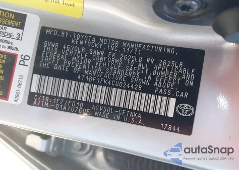 2012 Toyota Camry Le from USA, damaged, VIN 4T1BF1FK4CU024428